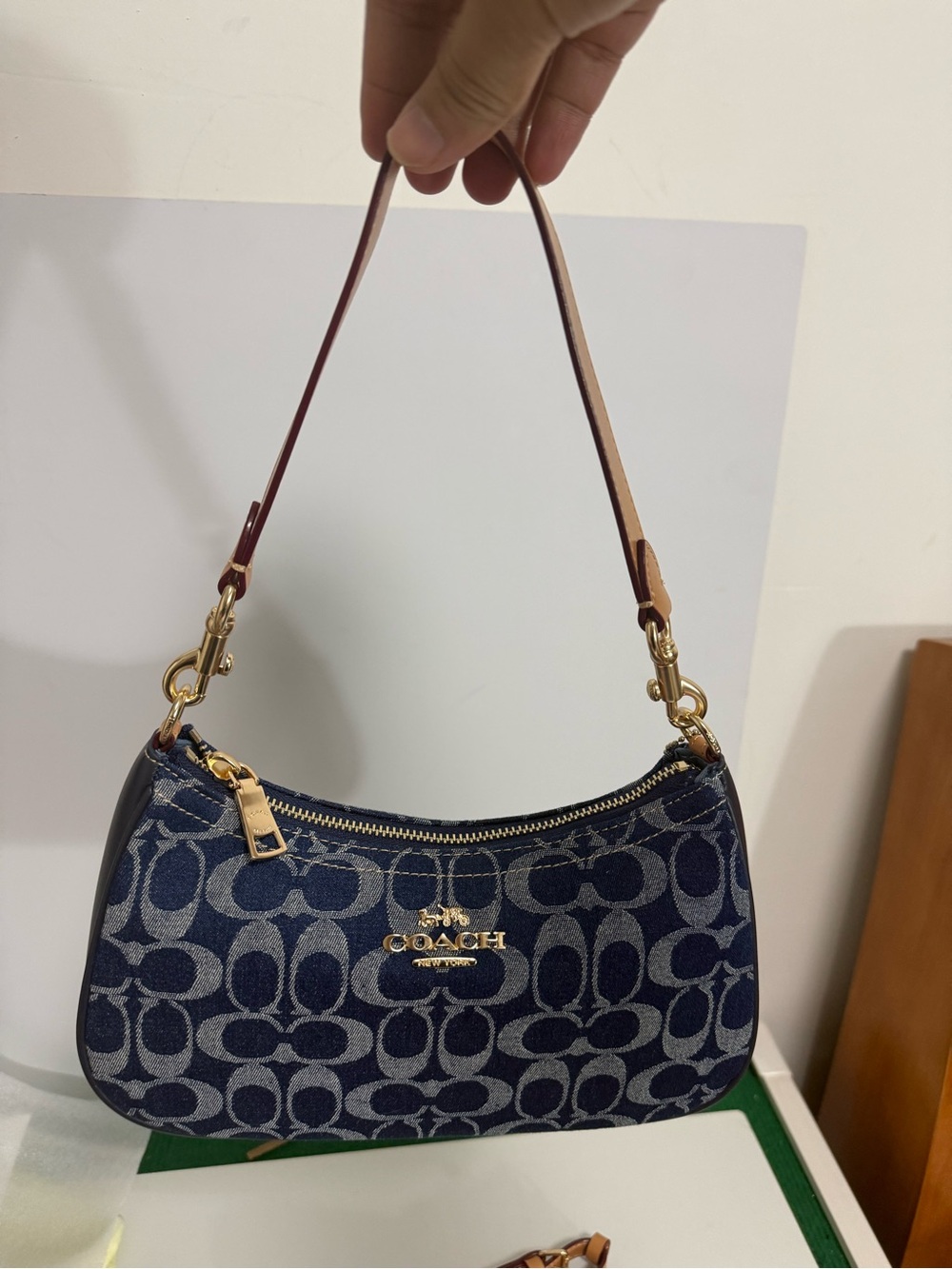 Coach Navy Signature Jacquard Shoulder Bag with Tan Strap and Gold Hardware